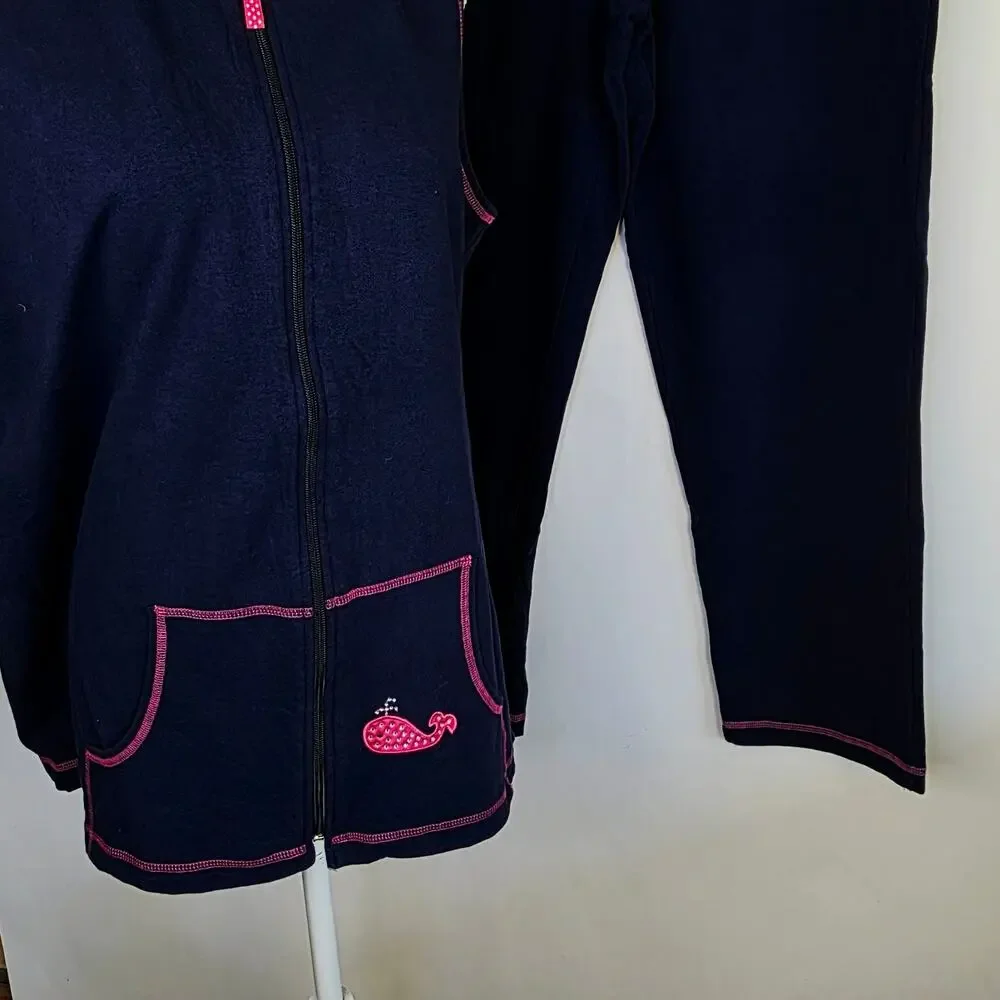 The Quacker Factory Lounge Outfit Set Large Navy Pink Whale Zip Vest Coastal